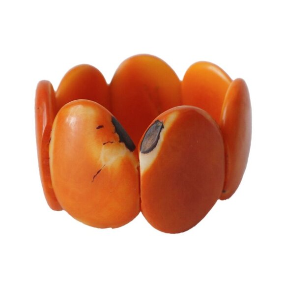 Tagua Nut Wide Cuff Bracelet Red Orange Oval Bean Shape Handmade Ecuador - Picture 4 of 5